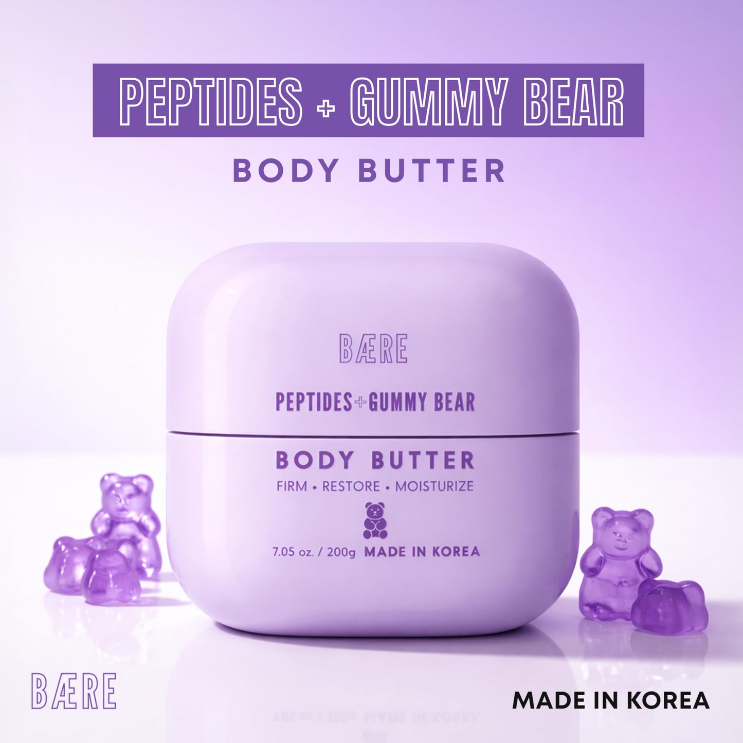 Baere Peptides Body Butter With Gummy Bear – Dermatologist Tested, Anti-Aging Korean Skin Care – Deep Skin Hydration For A Smooth Dewy Glow – Vegan, Clean Beauty – 7.05 Oz