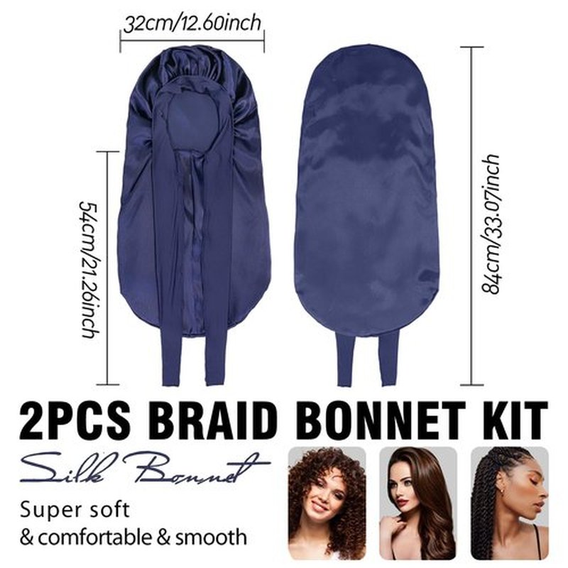 2Pack Bonnets for Black Women Braid Bonnet, Large Long Bonnet Satin Bonnet for Braids,Black Women Silk Bonnet with Stretchy Tie Band Braid Bonnet for Sleeping Extra Long (Brown & Dark Blue) Purple