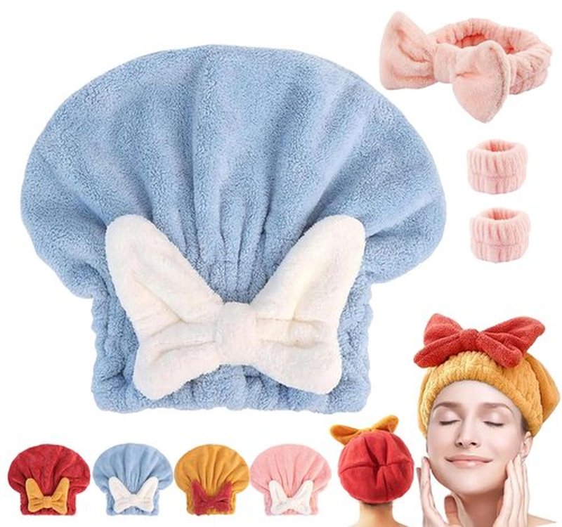 bokando Super Absorbent Hair Towel Wrap for Wet Hair, Efficient Hair Towel Wrap for Women, Quick-Drying Thickened Soft Bow Tie Hair Towel Wrap for Wet Frizzy Long Thick Hair (Blue)