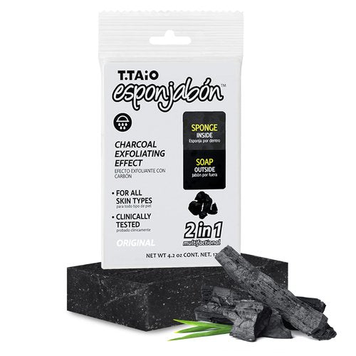 T.Taio Esponjabon Charcoal Soap Sponge - Cleansing Shower Scrubber - Cleaning Bath Wash Scrub - Oil Removal - Massage & Lather Foot, Elbow, & Face - Bathroom Accessories - Charcoal