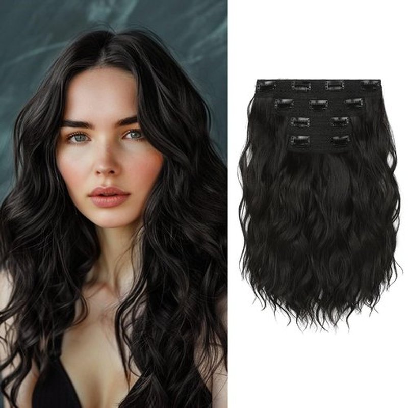 KUIRAN Hair Extensions, Clip in Hair Extensions 12" Short Curly Wavy Black Brown Hair Extensions 4PCS Hair Extensions Invisible Lace Weft Natural Soft Hairpieces for Women - Black Brown