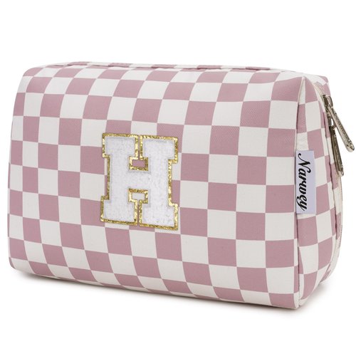 Narwey Personalized Initial Gifts for Women and Girls Makeup Bag Zipper Pouch Travel Cosmetic Organizer (Dusty Rose Checkerboard H)