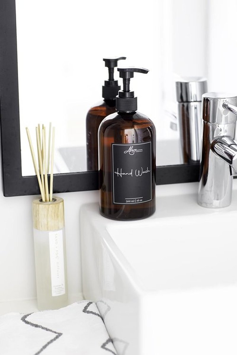Alora 5-in-1 Apothecary Bottles for Home & Commercial Use - 16oz Elegant 8.5x3in Refillable Amber Shampoo Storage, Handwash, Massage Oils - Includes 24 Waterproof Labels, Bonus 2CC Pump & Funnel