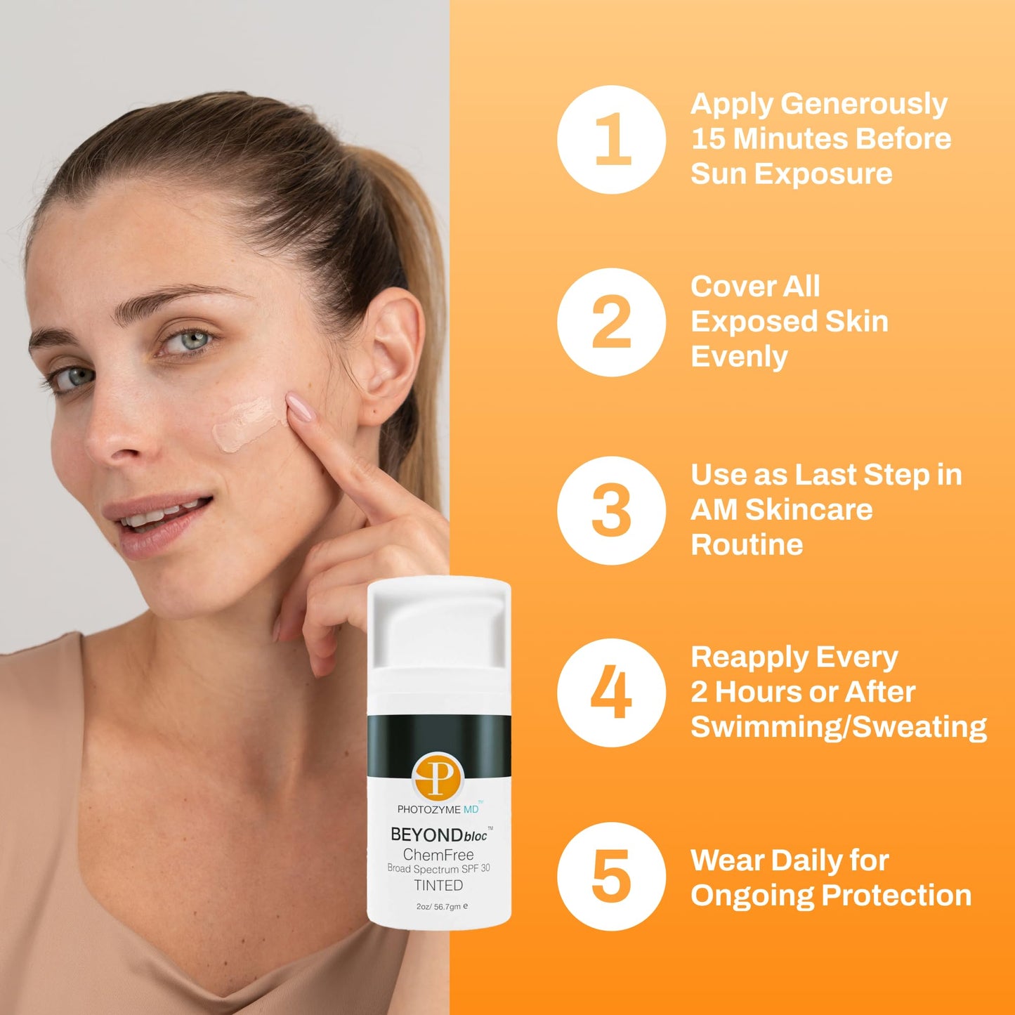 Photozyme BeyondBloc Chemfree Broad Spectrum SPF 30 Tinted - Light Coverage Sunscreen - Anti-Aging and Hydrating - for All Skin Types and Post Procedure Skin - with Titanium Dioxide 10.20%, Zinc Oxide