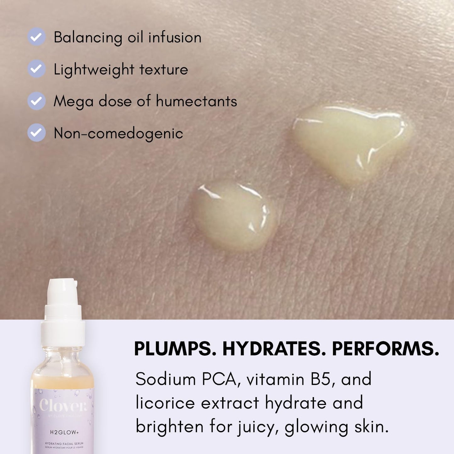 Clover H2Glow+ Hydrating Antioxidant Serum | Deep Moisturizing Anti-Aging Facial Serum | Hydrate Layers of Dry Skin, Plump, and Smooth Fine Lines | Cruelty-Free & Vegan - 1 oz (30 ml)