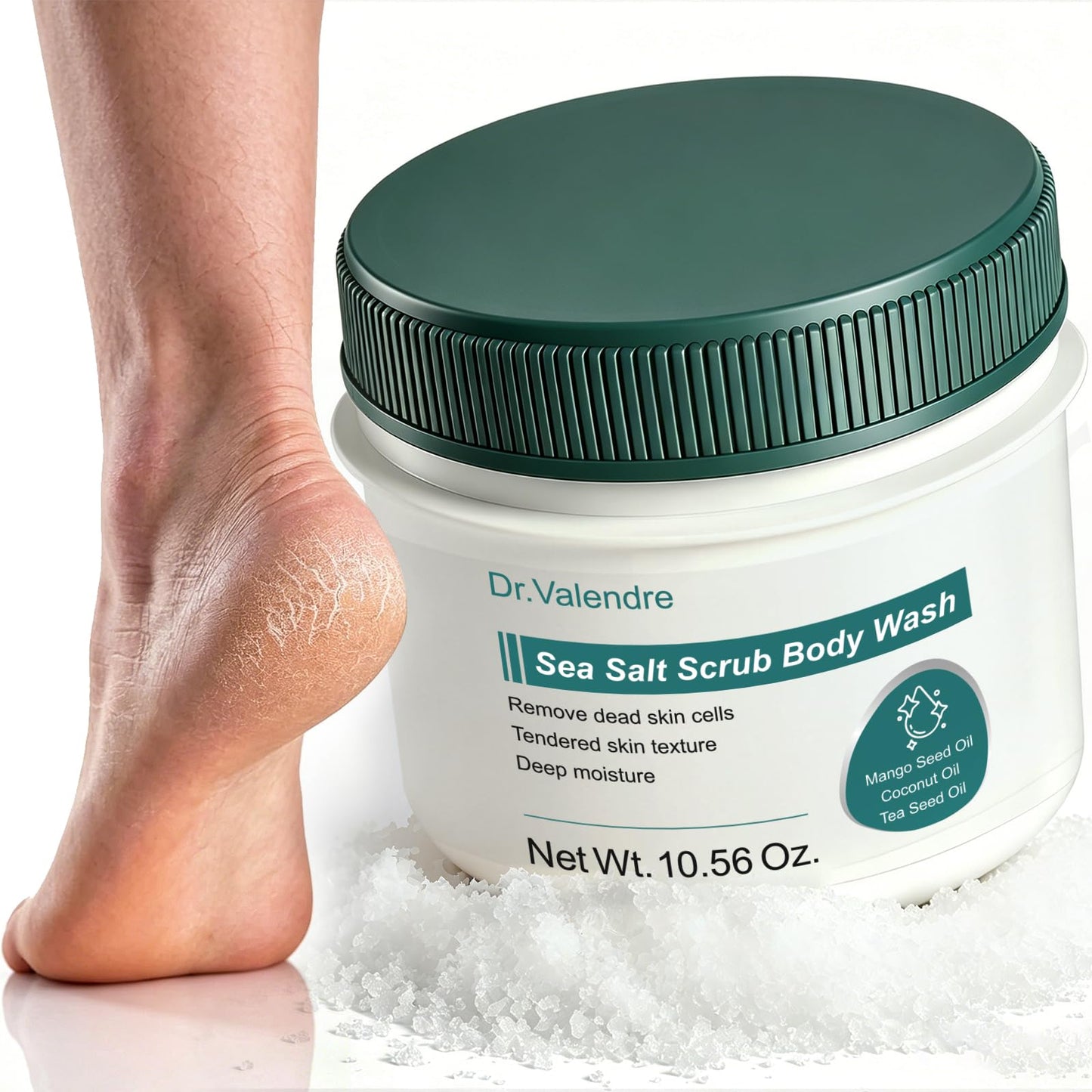 【Sea Salt Exfoliating Scrub】 – Foot Care Scrub for Dead Skin, Calluses & Cracked Heels – Gently Buffs Rough Dry Feet, Hydrating Foot Polish