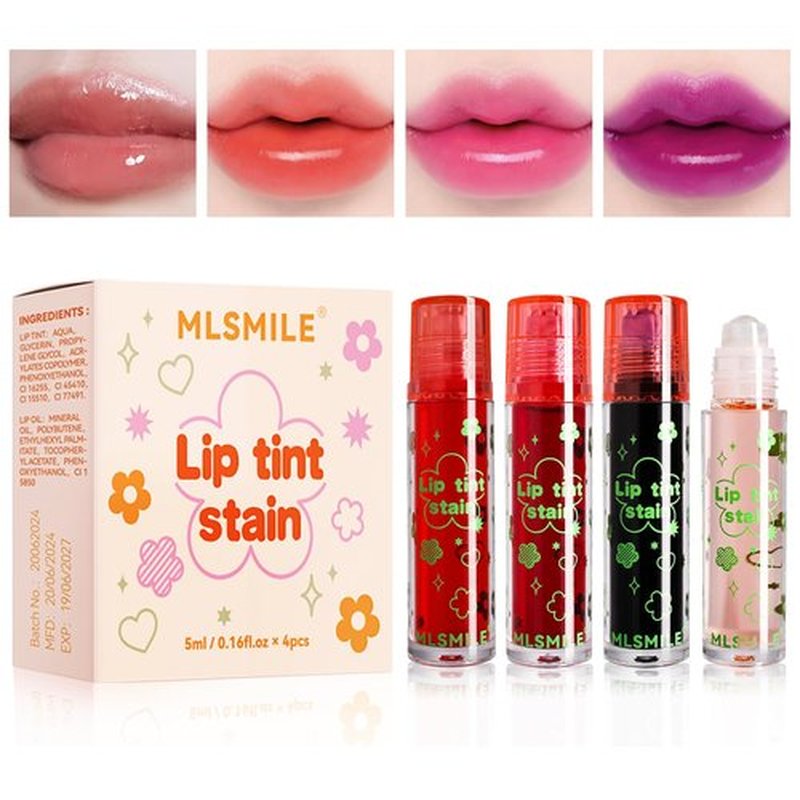 4 Colors Lip Tint Stain Set,Plumping Lip Tint,Watery Lip Stain Moisturizing Mini Liquid Lipstick,Long-Lasting&Non-Stick Cup,Multi-Use Lip and Cheek Tint Stain(Set B)