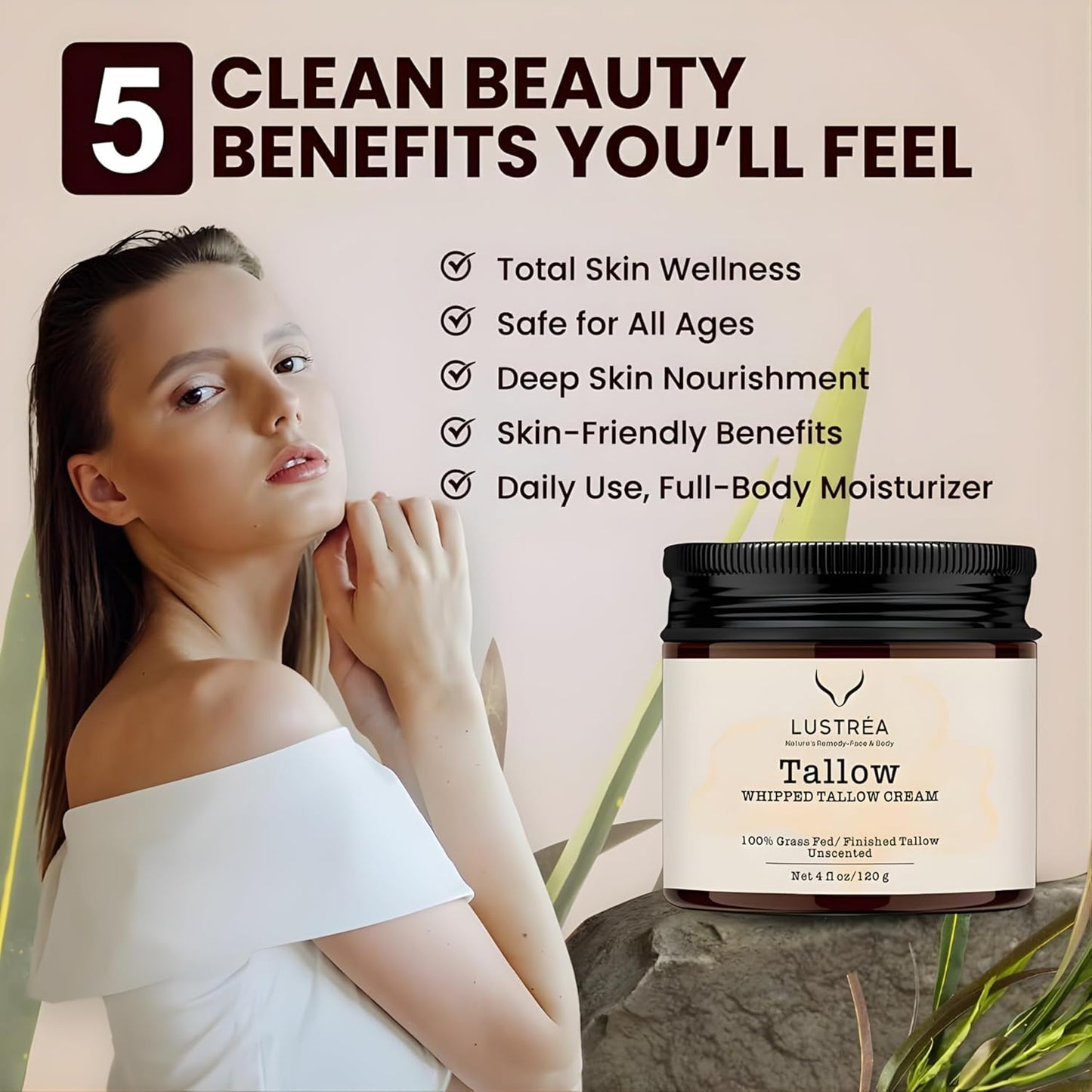 Whipped Tallow Cream for Face & Body 4oz (120g) Vanilla Lavender | | Grass Fed Beef Tallow Face Cream | Hydrating Face Cream for Sensitive Skin | Non-Greasy Skin Moisturizer | Multi-Use Body Balm