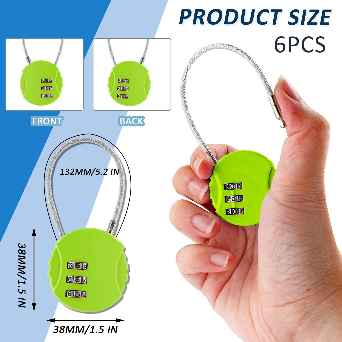 Litoexpe 6 Pcs Combination Lock, 3 Digit Outdoor Waterproof Padlock Code Lock Cable Luggage Locks for Backpack, Suitcase, Door (6 Colors)