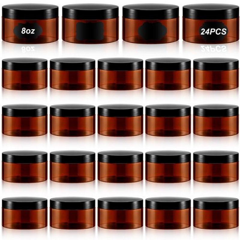 Dandat 24 Pcs Plastic Jars with Lid and Label PET Cosmetic Containers Leak Proof Empty Cosmetic Jars Refillable Storage Travel Jars for Lotion Cream Gel Powder Ointment(Amber,8 oz)