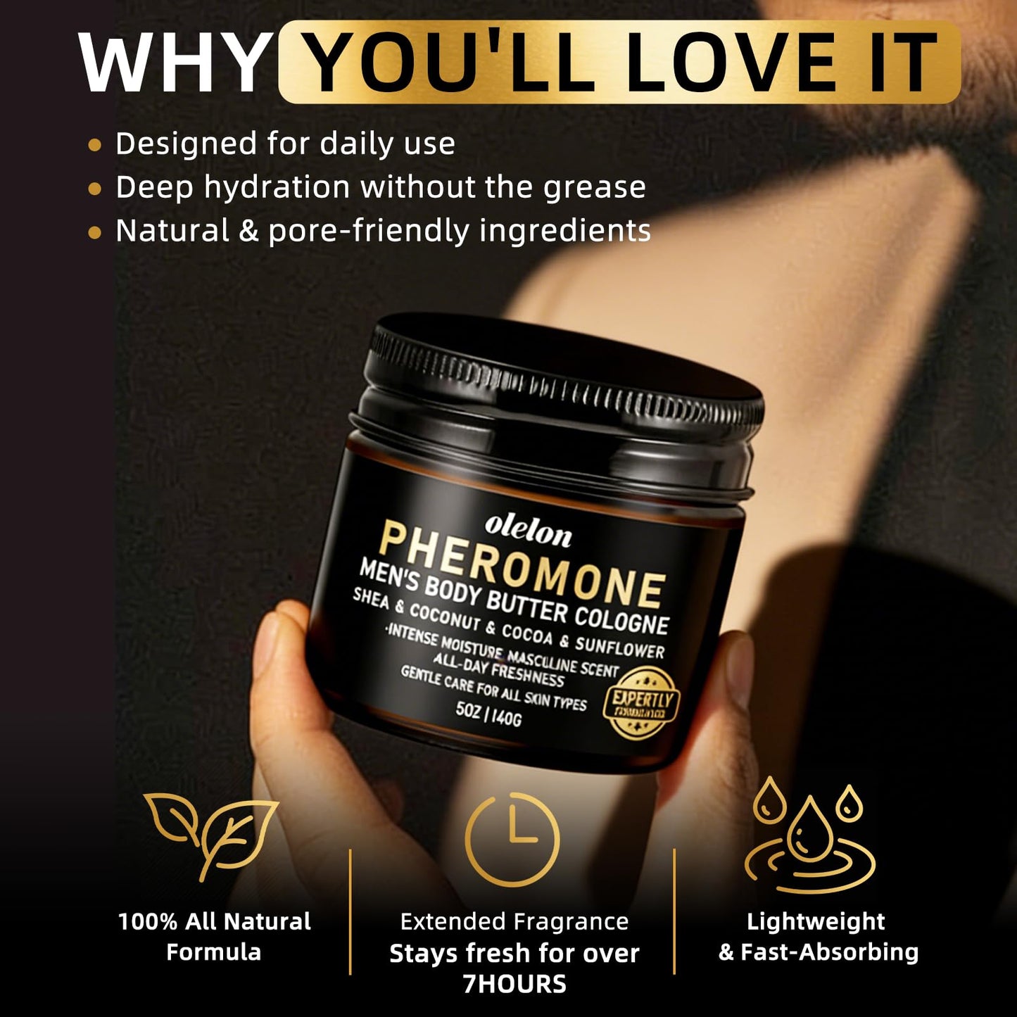 OLELON Pheromone Body Butter for Men, Cologned Body Skin Cream with Shea & Cocoa & Coconut & Sunflower, Long-Lasting Refresh, Deep Hydration, Non-Greasy, Alcohol-Free, All-Day Fragrance