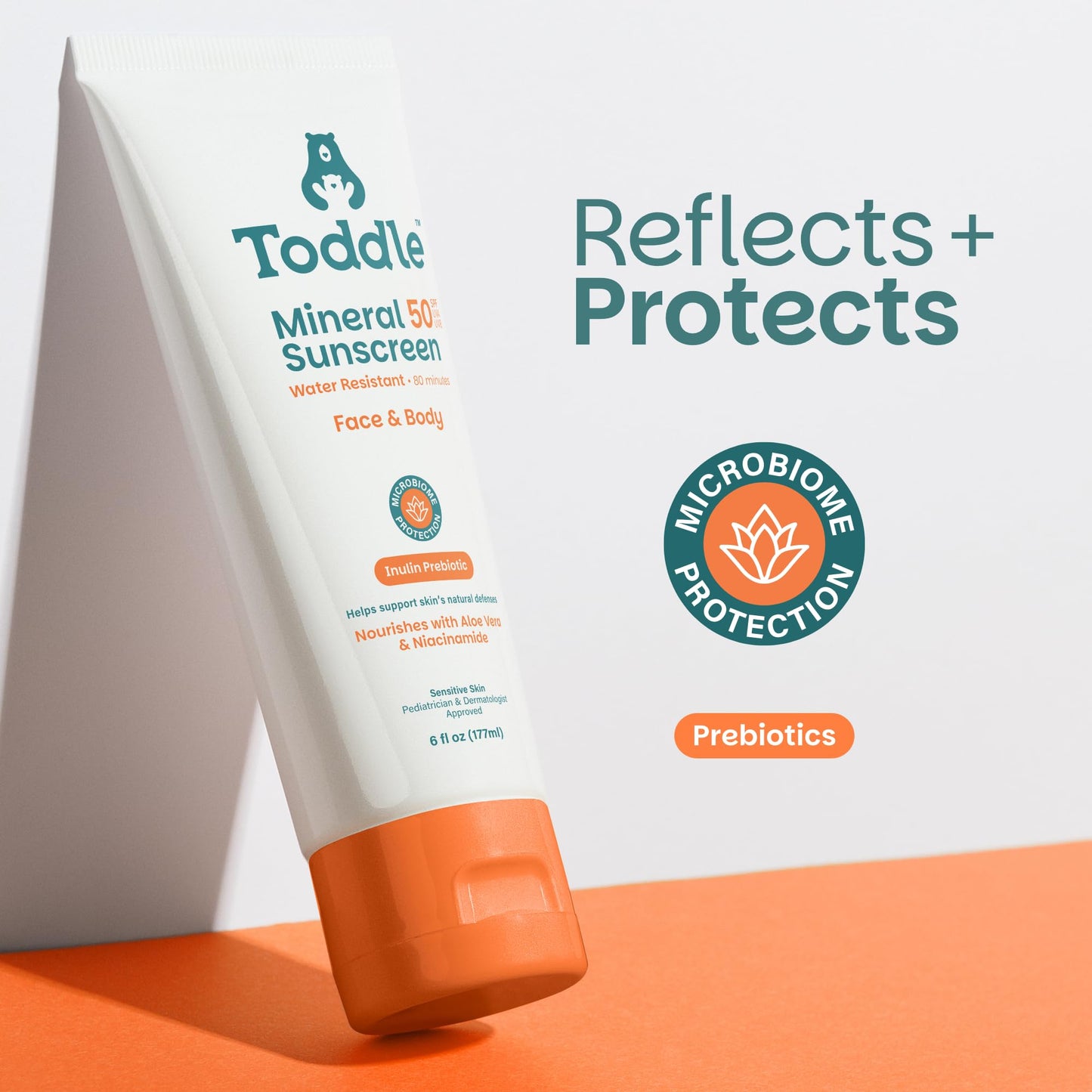 Toddle Prebiotic Mineral Sunscreen SPF 50 for Kids & Baby, Face & Body Sun Protection, Reef Safe, Non-Toxic Zinc Oxide Broad Spectrum, Water-Resistant, No White Cast, Travel Size 3.4oz