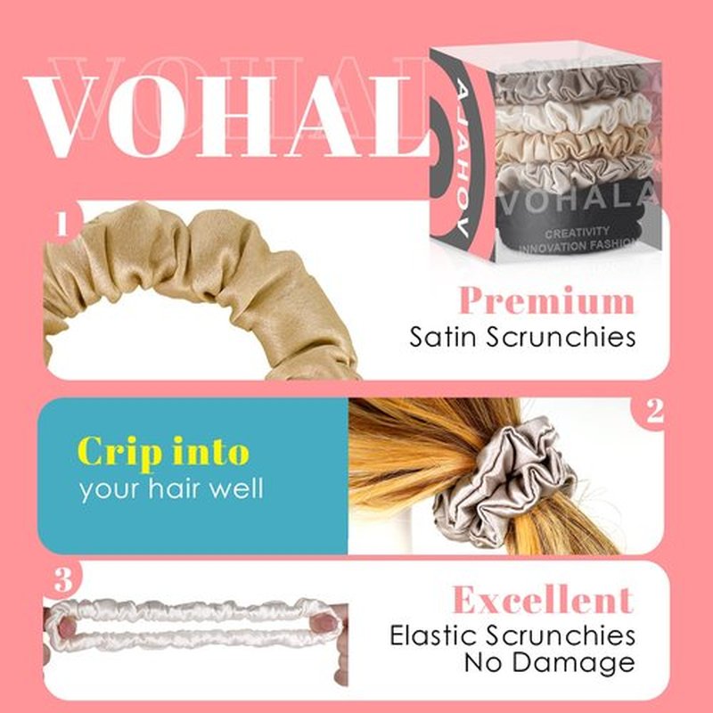 VOHALA 30 Momme Mulberry Small Silk Scrunchies, 5PCS Skinny Silk Scrunchies for Hair & 2PCS Strong Hair Ties Ponytail Holder, Total 7PCS No Damage Luxury Hair Ties for Women (Black+Camel+Gray+Champagne+Beige)