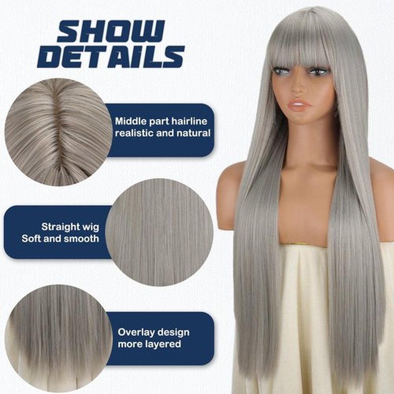 MISSQUEEN Silver Grey Wig with Bangs For Women Long Straight Wigs 30inch Synthetic Natural Look Heat Resistant Wigs for Daily Party Cosplay Travel Used