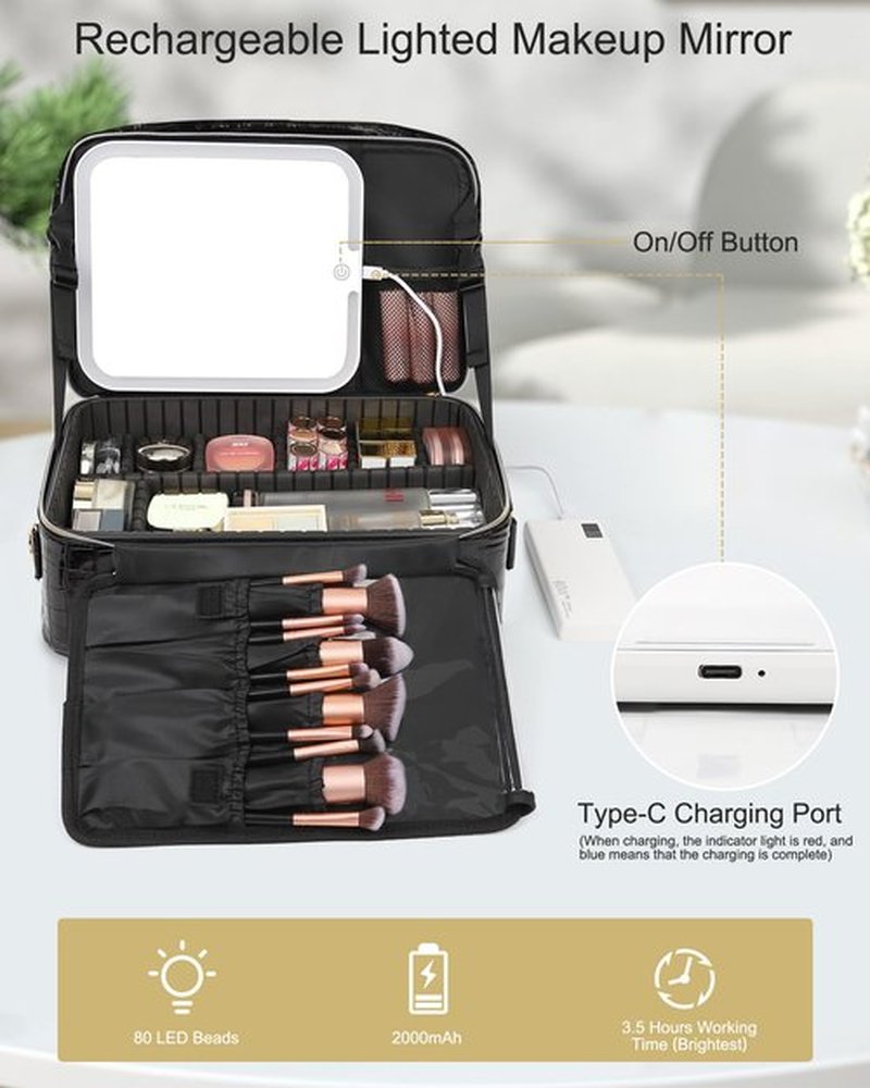 Relavel Makeup Bag with LED Mirror, Makeup Case with Lighted Mirror, Large Capacity Travel Cosmetic Train Case Organizer Box for Women, Dividers and Rechargeable Vanity Mirror (Crocodile Pattern)