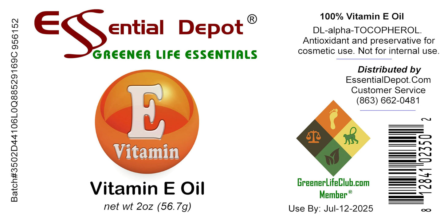 Essential Depot DL-Alpha-Tocopherol (Vitamin E, a-tocopherol) - 2 oz - 100% Pure - Used for Cosmetics, Skin & Hair Care - GC/MS Tested - Skin Safe - Supplied in 2 oz. HDPE Bottle with a Flip Top Cap