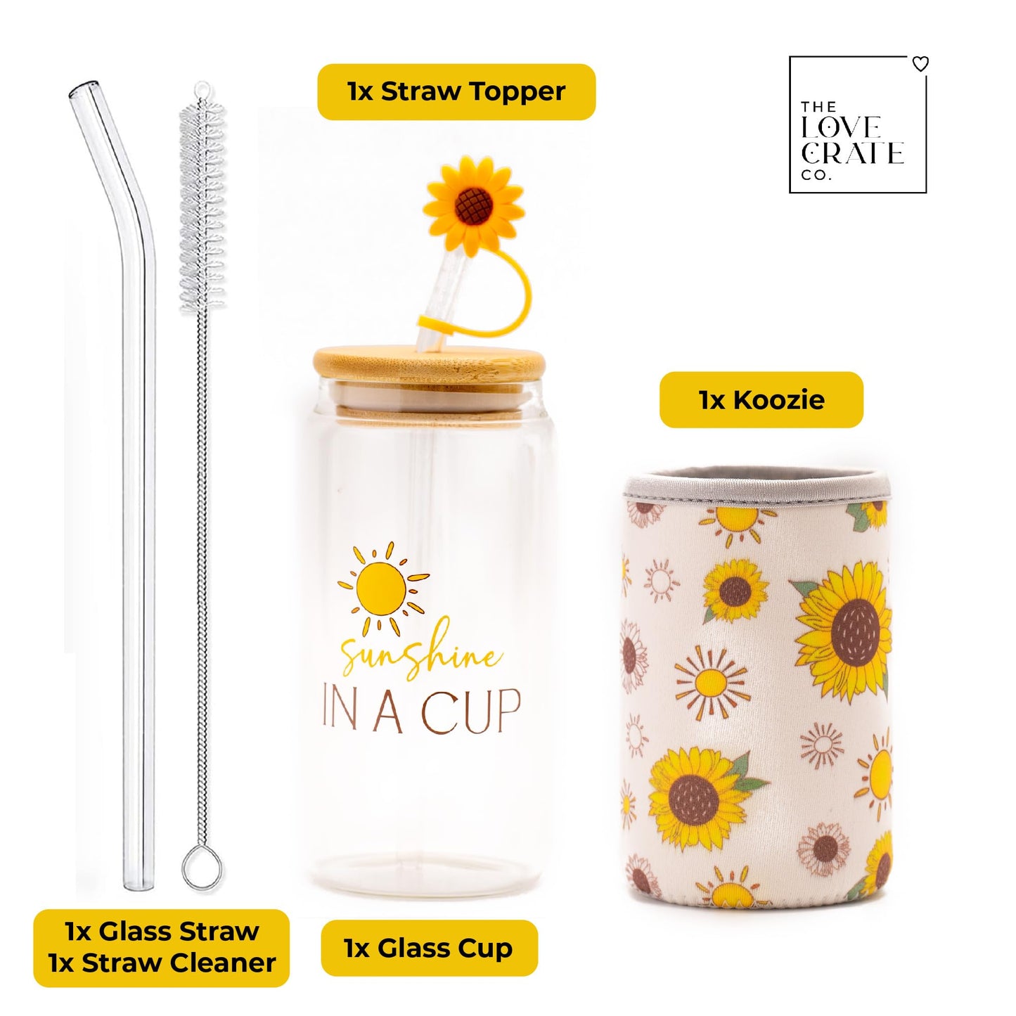 The Love Crate Co. Sunflower Gifts for Women - Glass Tumbler with Lid and Straw, Customized Straw Stopper and Cup Sleeve. Aesthetic Unique Design Iced Coffee Gift Cup for Mom, Teacher, Friend