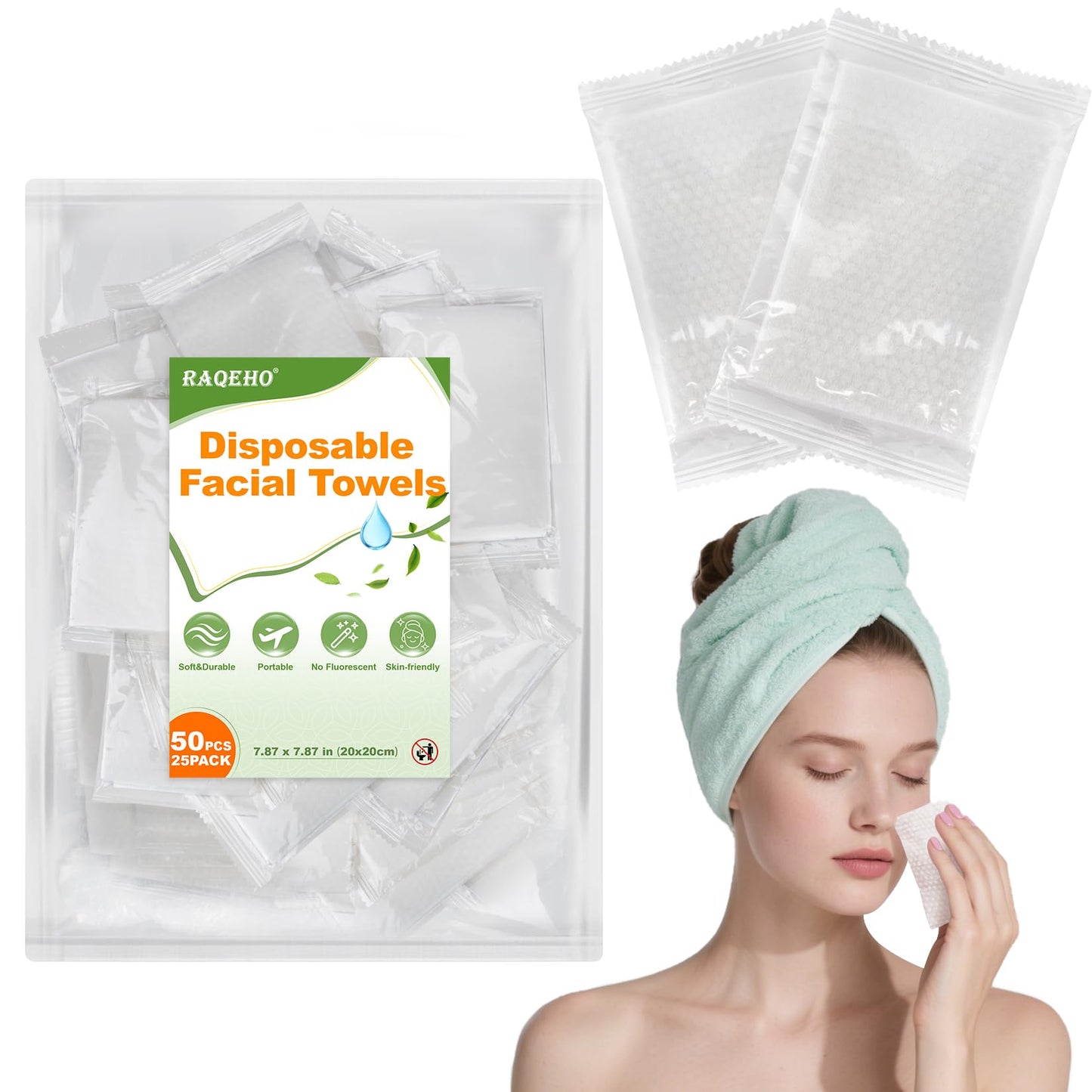 Individual Wrapped Disposable Face Towel - RAQEHO 50PCS (25 PK) Clean Dry Wipes Lint Free Face Towelettes Facial Washcloths Salon Makeup Cleansing Towels for Travel Camping Facial Make up Removal