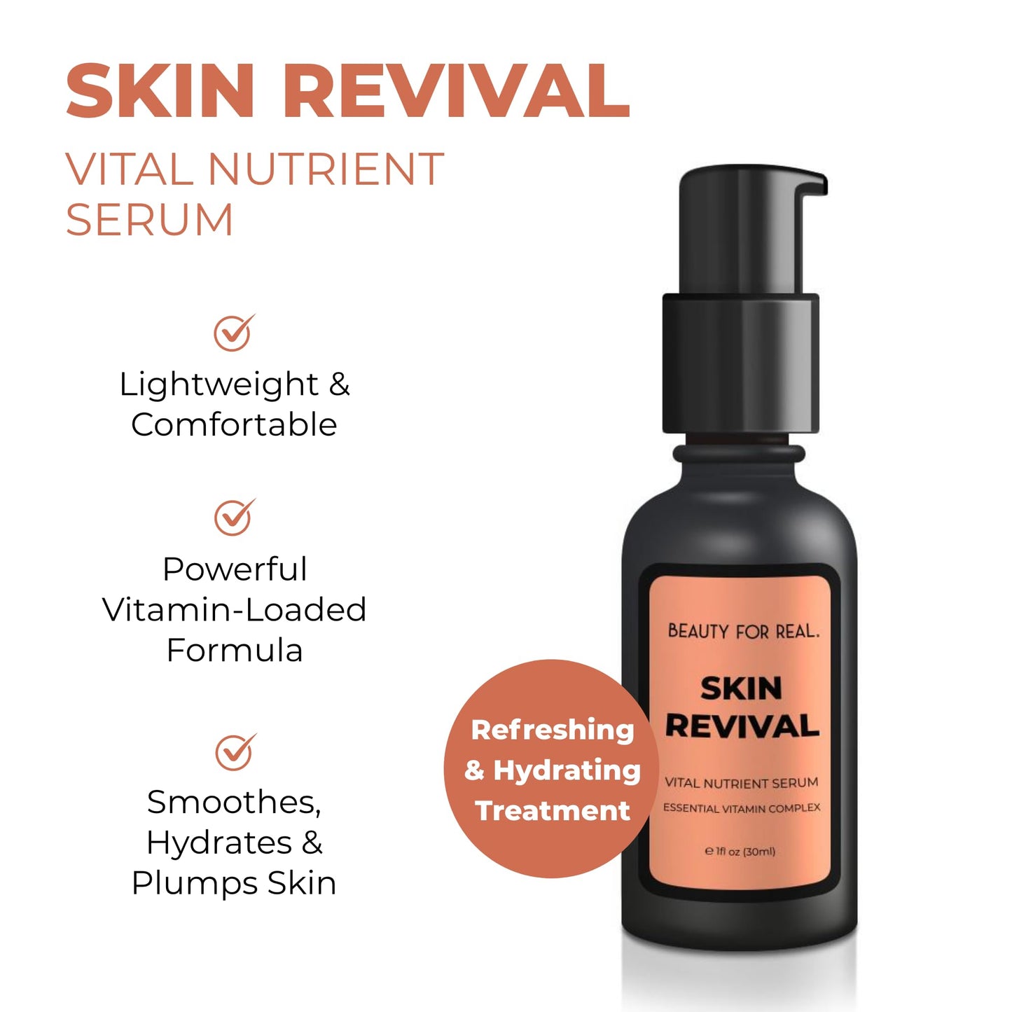 Beauty For Real Skin Revival Vital Nutrient Serum - Anti-Aging Skincare - Diminishes the Appearance of Fine Lines & Wrinkles - Hydrates, Repairs & Brightens Skin - With Vitamin A, B3 & C - 1 fl oz
