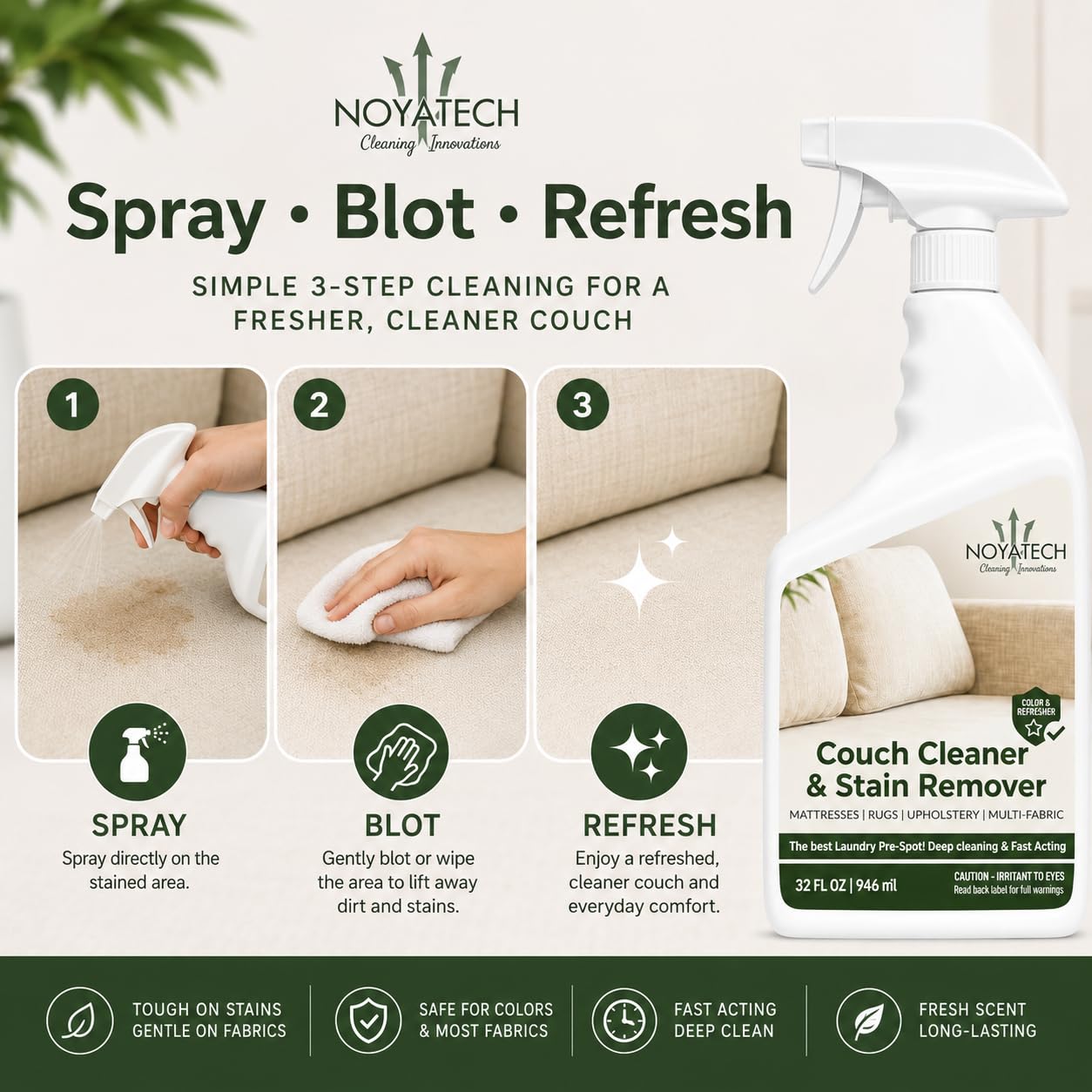 NOYATECH Couch Cleaner and Stain Remover Spray – Professional Strength, Multi-Surface Fabric and Upholstery Cleaner – Pet-Safe, Non-Toxic, Quick-Drying for Couches, Sofas & Car Interiors.