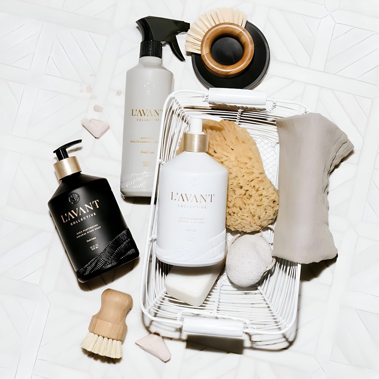 L'AVANT Collective Dish & Hand Soap Duo Fresh Linen | High Performing Formula Luxurious Ingredients for Soft & Smooth Hands & Dishes | 2 Reusable Glass Bottles Kitchen Accessories Home Decor Gifts