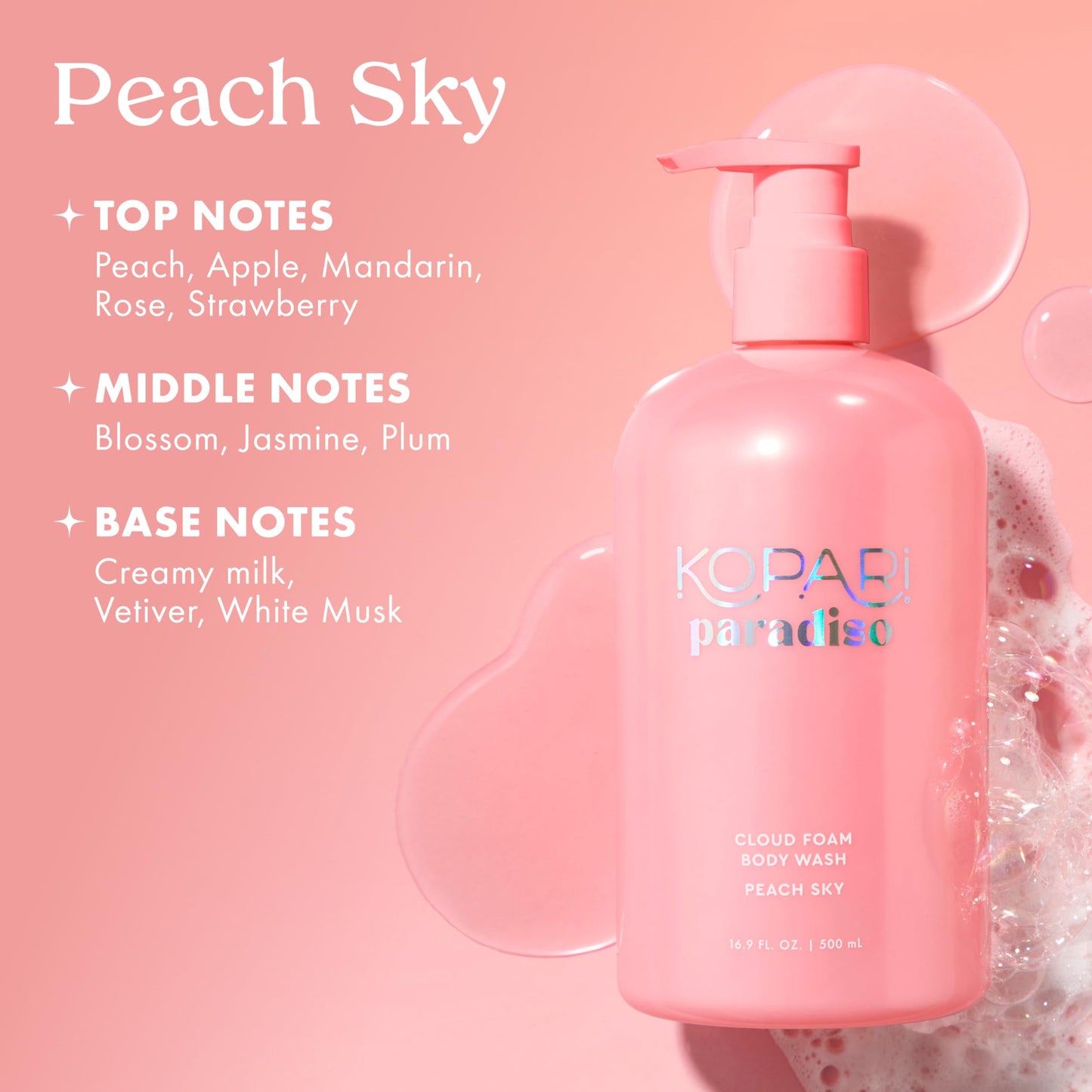 Kopari Paradiso Cloud Foam Body Wash – Peach Sky | Hydrating Foaming Body Wash with Hyaluronic Acid & Vitamin E | Gentle Cleanse, Juicy Scent