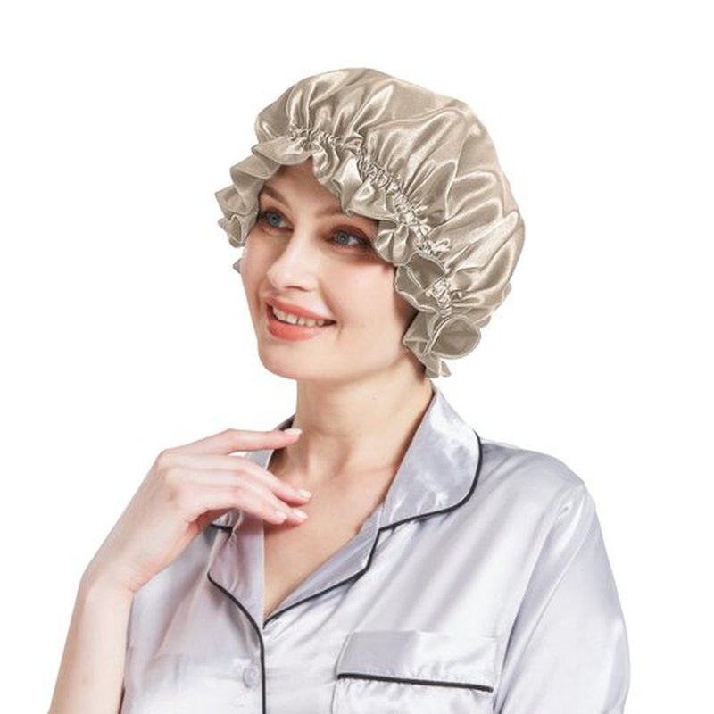 Silk Bonnet for Hair Care, Natural Silk Cap for Sleeping and Shower, Double-Lined, 6A-grade Mulberry Silk Turban Beige