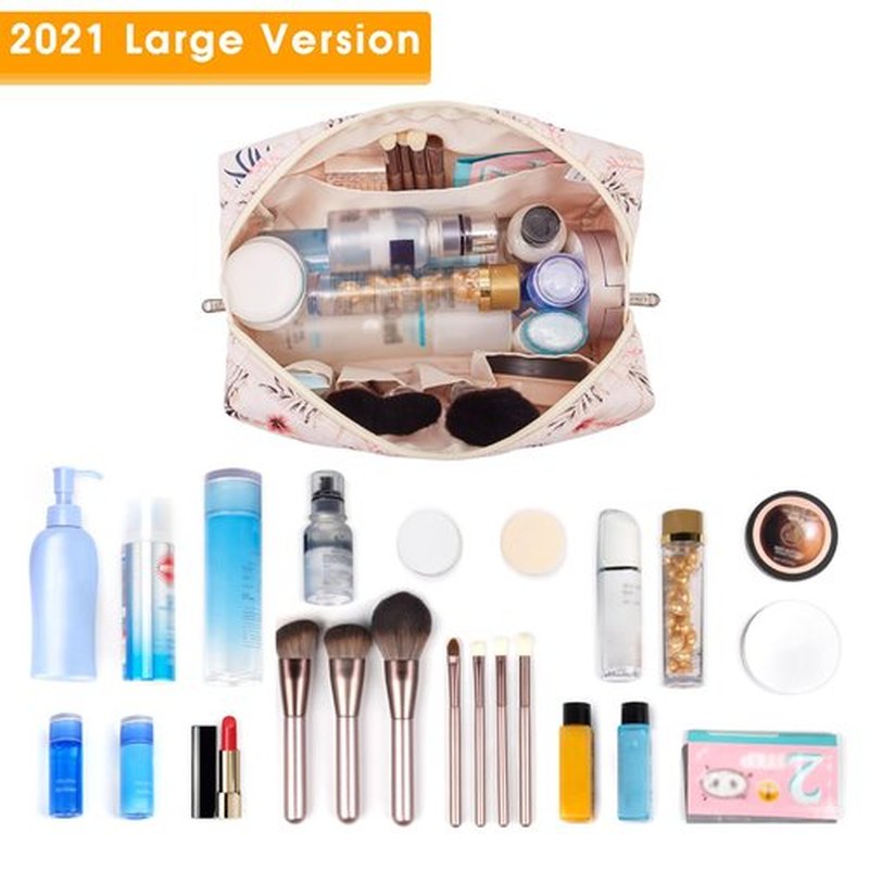 Large Makeup Bag Zipper Pouch Travel Cosmetic Organizer for Women (Large, Beige Bird)
