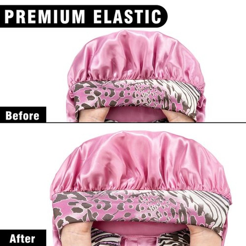 2Pack Bonnets for Black Women Braid Bonnet, Large Long Bonnet Satin Bonnet for Braids,Black Women Silk Bonnet with Stretchy Tie Band Braid Bonnet for Sleeping Extra Long (Black&Pink Pattern)
