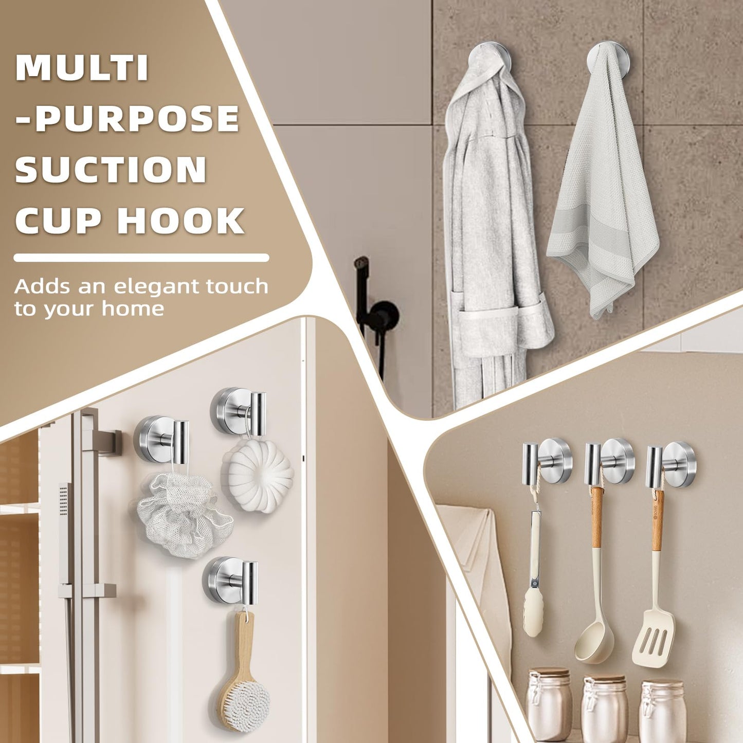 Fenas Suction Cup Hooks for Shower - Bathroom Reusable Hooks for Towels, Robes & Loofah - No-Drill Mounting on Kitchen,Walls,Metal,Glass,Mirrors,Tile & Smooth Non-Porous Surfaces (4, Brushed Nickel)