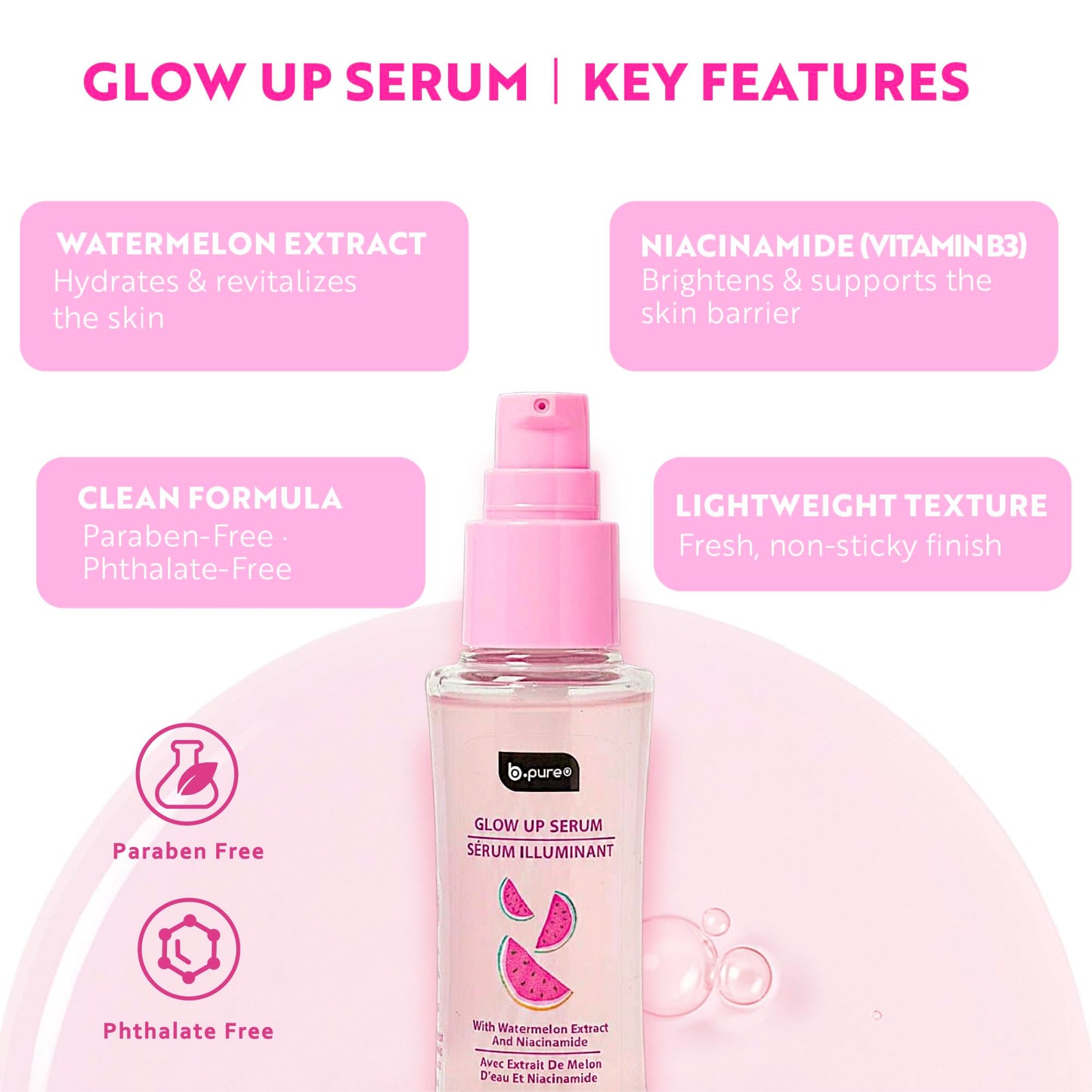 b.pure Glow Up Watermelon Hydrating & Soothing Face Serum | Watermelon Extract & Niacinamide | 1 oz, 3-Pack