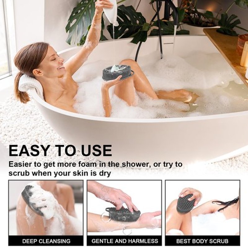 Metene Silicone Exfoliating Body Scrubber with Loop, Body Scrubber for Men and Women, Silicone Loofah for Shower, Soft Silicone Body Scrubber for Shower and Bath Skincare Routine (Gray)