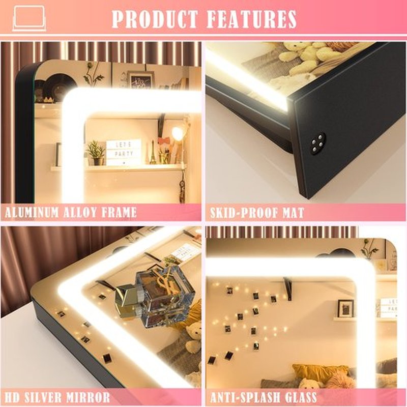 Gvnkvn Makeup Vanity Mirror with Lights - 24WX18.9L Large LED Lighted Mirror with 10X Magnification and USB Charging Port, Phone Holder, Smart Touch 3 Colors Dimmable, 360° Rotation Black,