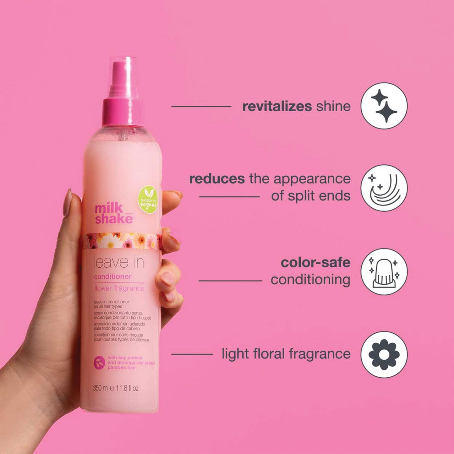 milk_shake leave in conditioner – flower fragrance | daily detangling spray for color-treated hair | hydrates, softens & protects with soy proteins & hyaluronic acid, 2.5 fl oz / 75 mL