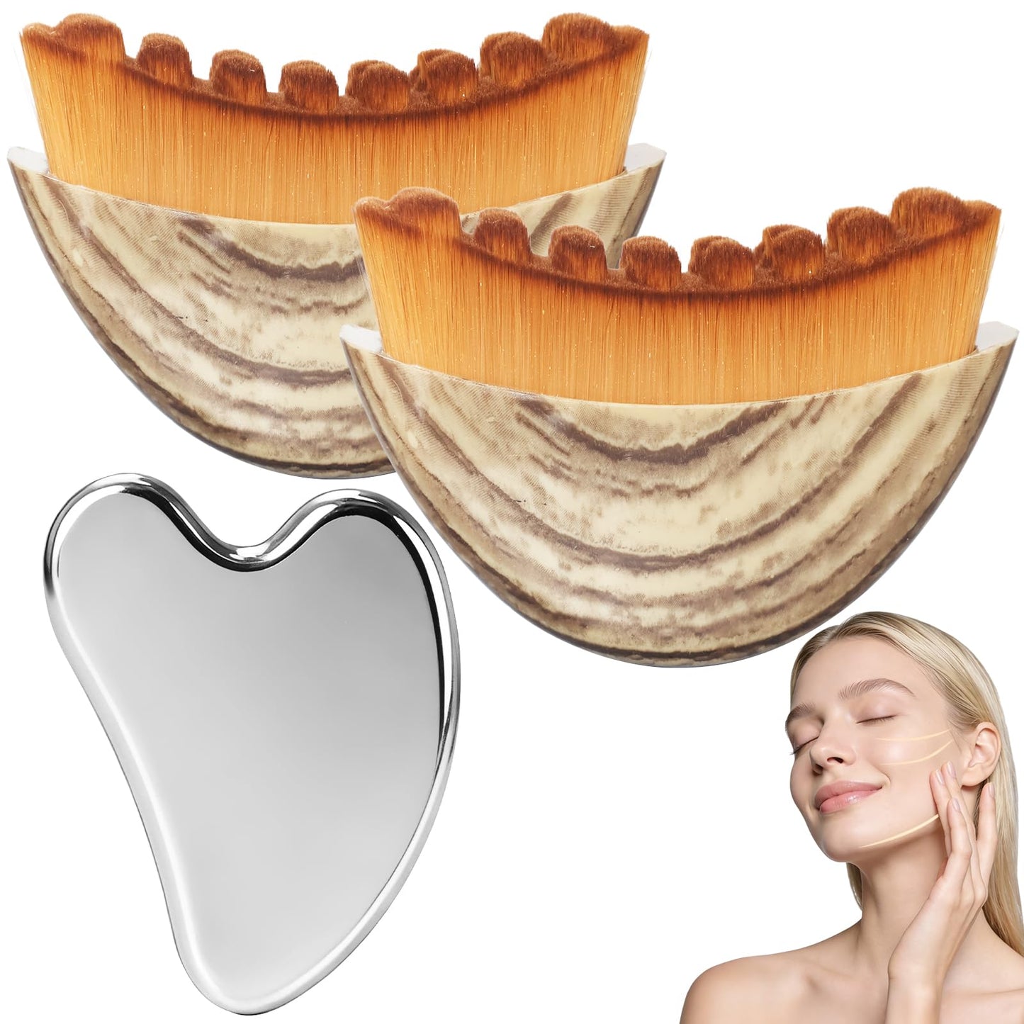 2PCS Lymphatic Contour Face Brush & Stainless Steel Gua Sha Tool Set, for Face and Neck Massage gua sha, Jawline Puffiness, Lifting, Relaxation, Lymphatic Drainage