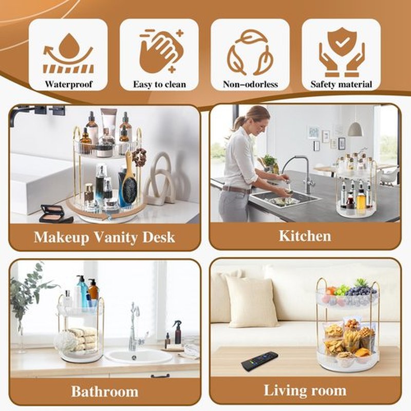 Rotating Makeup Organizer for Vanity,Lazy Susan Organizer Rotating Skincare Make Up Storage Cosmetic Dresser Organizer Countertop Organizer with Extra Hooks DIY Stickers for Bathroom