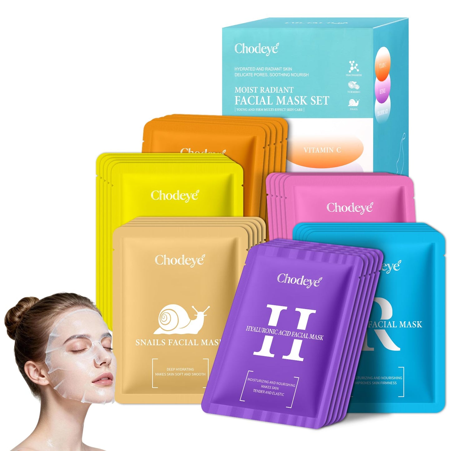 CHODEYE 30 Packs Sheet Facial Masks Set, 6 Styles Hydrating Face Masks Kit, Suitable for All Skin Type, Home Spa Facial Care, Perfect Birthday Valentine's Christmas Gift for Women & Men
