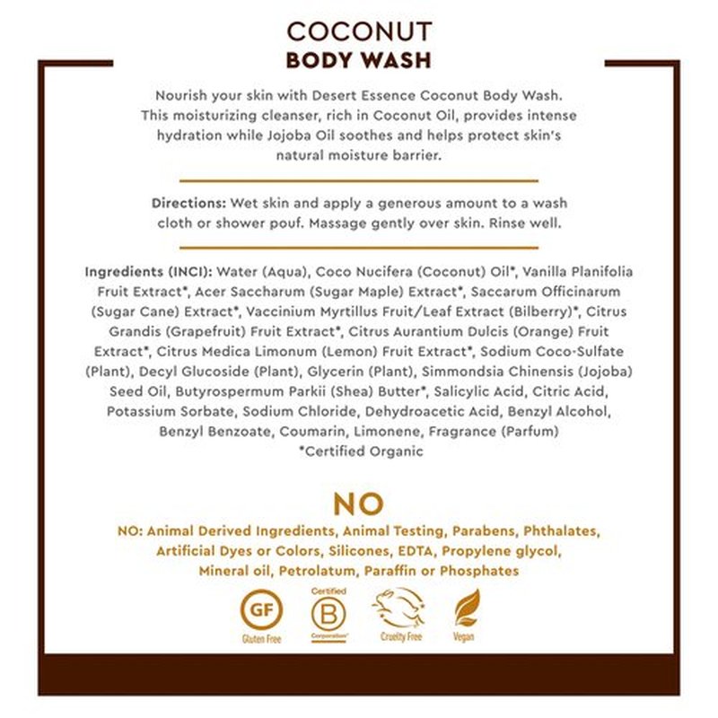 Desert Essence Coconut Body Wash Deep Hydration Infused with Moisture-Rich Botanicals Jojoba Oil, Organic Coconut & Shea Butter - Vegan, Gluten-Free, Cruelty-Free - 8oz (Pack of 2)