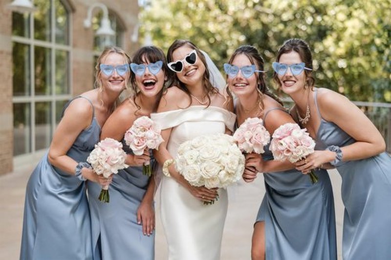 HHENGDAS Satin Bridesmaid Scrunchies Set of 12 Bachelorette Heart Sunglasses Hair Ties Bridal Shower Gift for Wedding Bachelorette Party Favors Bridesmaid Proposal Gifts (Off-white/White&Dusty Blue)