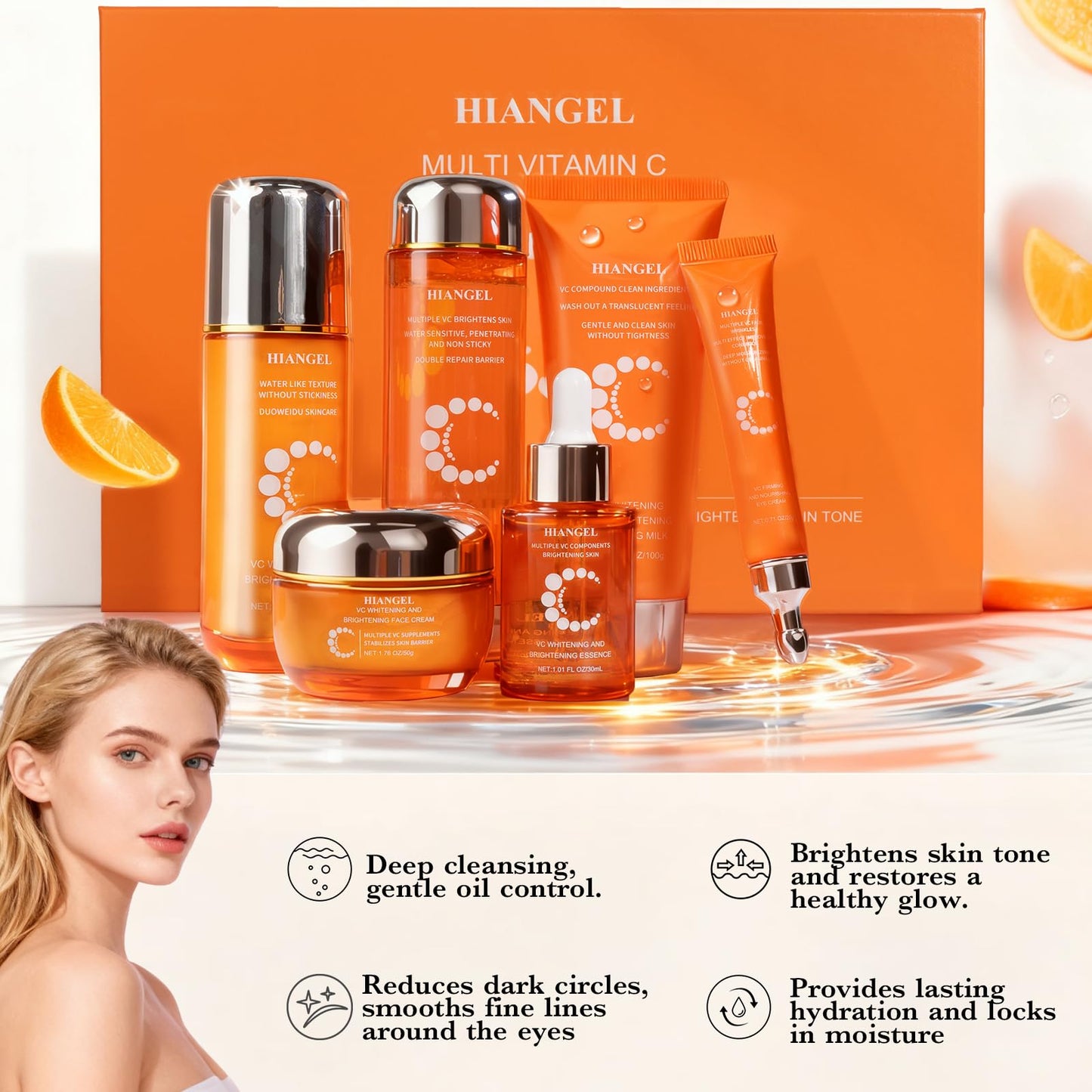 HIANGEL 6-Piece Vitamin C Skincare Set for Women, Brightening & Hydrating Face Care Routine Kit with Cleanser, Toner, Serum, Eye Cream, Lotion & Face Cream, Spa Beauty Gift Box