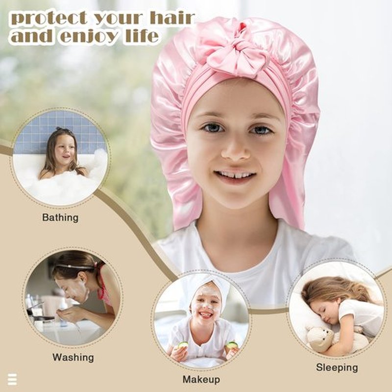 Kids Long Hair Bonnet for Sleeping - Double Layer Girls Elastic Satin Bonnet with Tie Band for Braid Curly Hair (Pink)