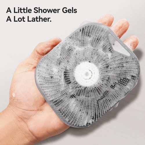 Silicone Body Scrubber for Men, Friendly Shower Body Scrubber for Sensitive Skin, Silicone Loofah Body Scrubber for Showering with Richer Foam Bristles and Anti-Slippery Handle, Gray