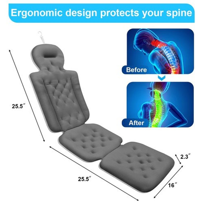 Full Body Bath Pillow for Bathtub, Bath Pillows for Tub with Powerful Non-Slip Suction Cups and Mesh Laundry Bag, Luxury Tub Pillow for Bath for Headrest Neck and Back Support Grey
