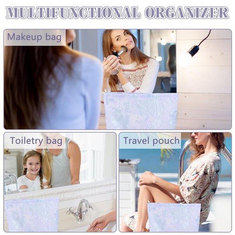 ZLFSRQ Flower Makeup Bag for Women Girls Teens Travel Cute Floral Cosmetic Bags Large Zipper Cosmetic Pouch Purse Portable Toiletry Bag Aesthetic Embossed Blue Purple Makeup Brushes Storage Organizer