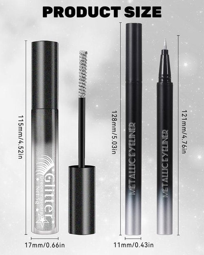Glitter Mascara and Eyeliner Set, Diamond Sparkle Effect, Lengthening Volumizing Shimmer Colored Mascara for Eyelash, Waterproof Metallic Glitter Eyeliner Liquid, Women Cosplay Party Eye Makeup-Purple