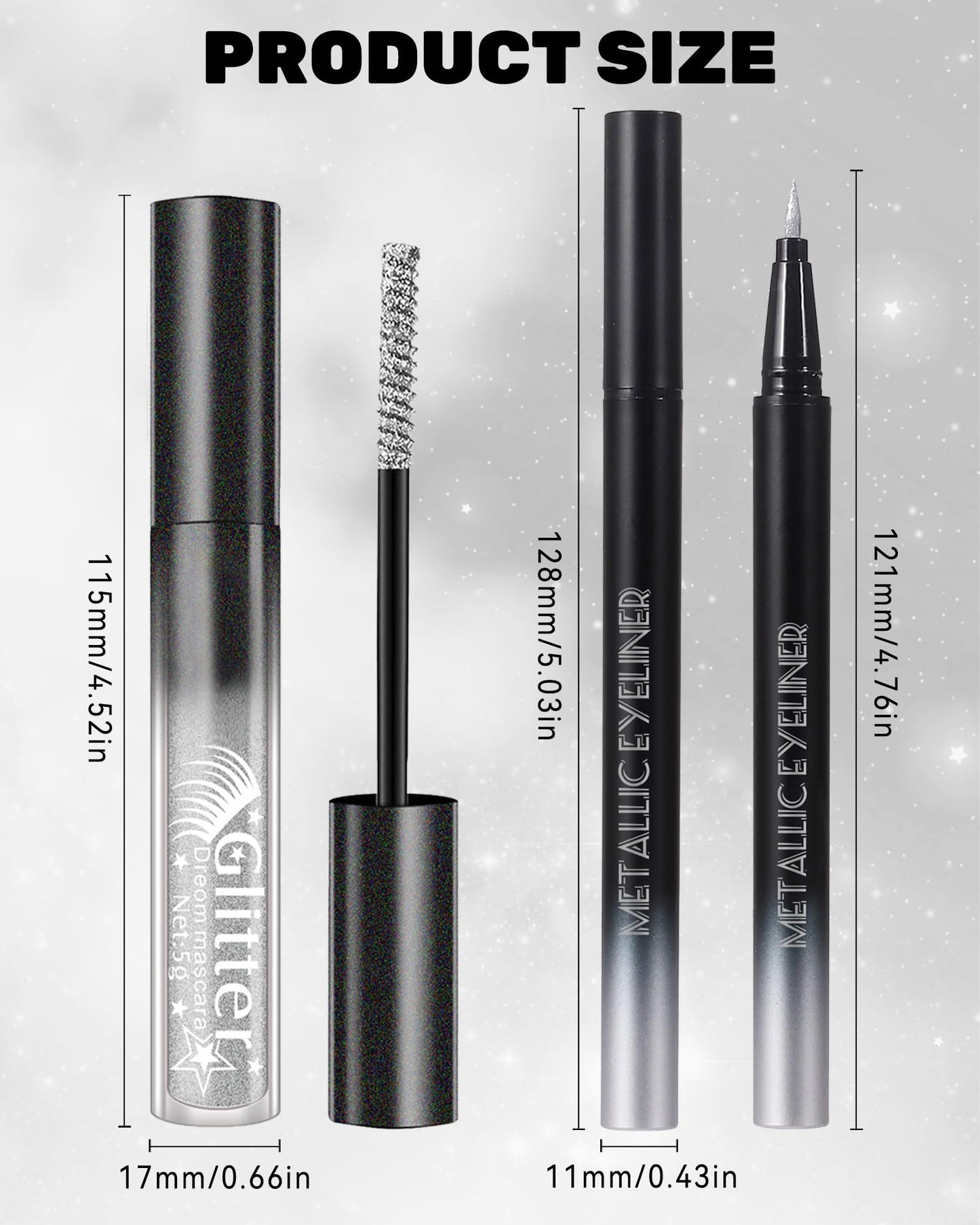 Glitter Mascara and Eyeliner Set, Diamond Sparkle Effect, Lengthening Volumizing Shimmer Colored Mascara for Eyelash, Waterproof Metallic Glitter Eyeliner Liquid, Women Party Eye Makeup-White Silver
