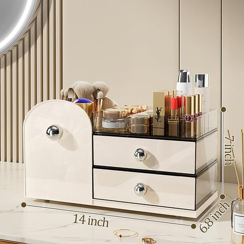 Makeup Organizer with Drawers,High-Capacity Skincare organizers,Makeup Brushes Holder,Make up organizers for Vanity,Cosmetic Display Cases,Bathroom Countertop Organizer(Cream)