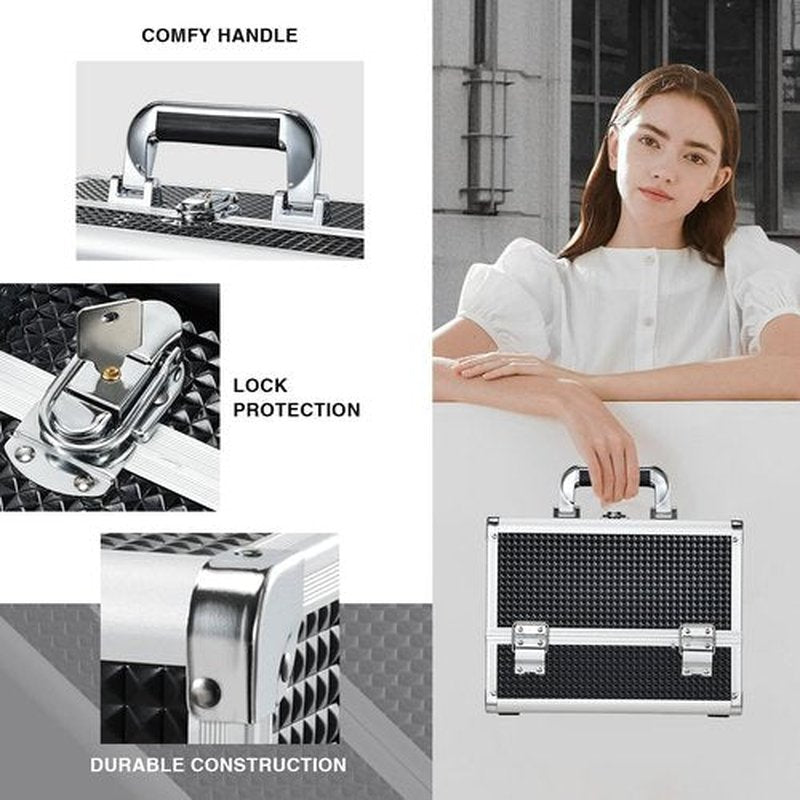 Joligrace Makeup Box Organizer Large Makeup Case 3-Tray with Mirror Carrying Make-up Train Case with Brush Holder Locking Portable Cosmetic Travel Storage Shiny Black