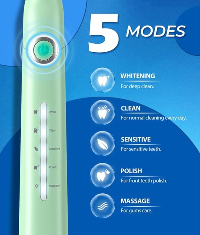 TEETHEORY Sonic Electric Toothbrush with 8 Brush Heads 40000 VPM 5 Modes Sonic Toothbrushes Quick Charge 4 Hours Duration 30 Days Rechargeable Electric Toothbrush for Adult Green