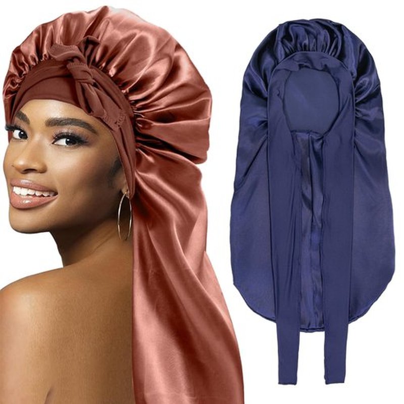 2Pack Bonnets for Black Women Braid Bonnet, Large Long Bonnet Satin Bonnet for Braids,Black Women Silk Bonnet with Stretchy Tie Band Braid Bonnet for Sleeping Extra Long (Brown & Dark Blue) Purple